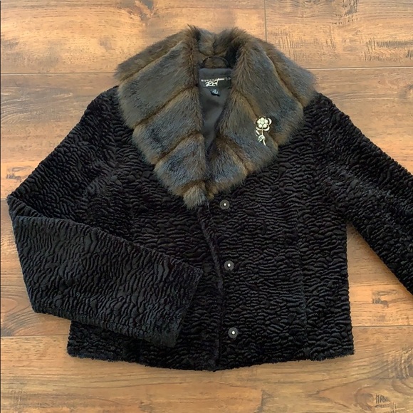 Black Rivet Jackets & Blazers - Short Black Faux Fur Jacket with Brooch